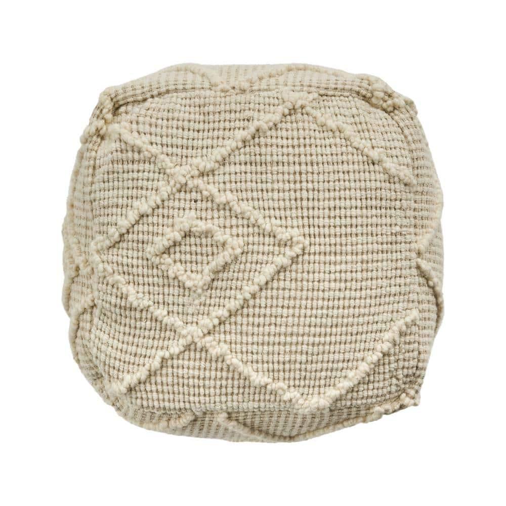 Noble House Cube Geometric Woven Wool Pouf, Off-White