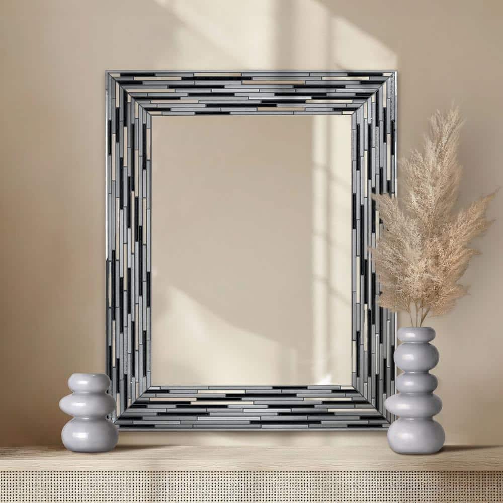 Head West Mosaic Printed Glass Reeded Tiled Black Wall Mirror Decor for Entryway 24x30"