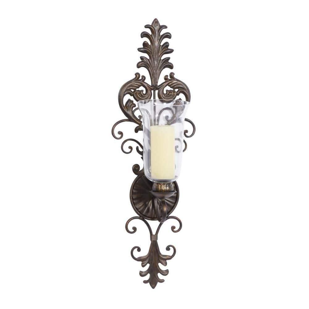 DecMode Bronze Glass Wall Sconce with Scroll Designs