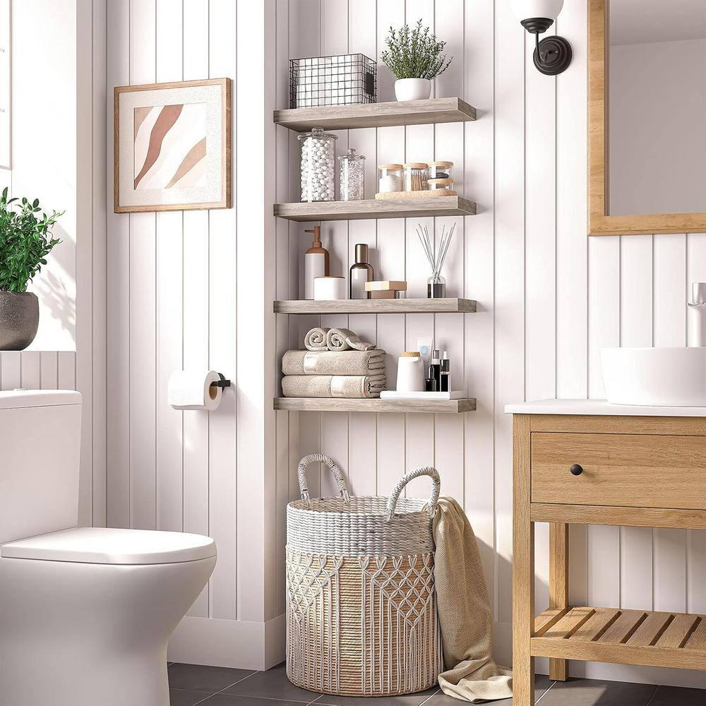 HOOBRO Floating Shelves, Wall Shelf Set of 2, 23.6 Inch Hanging Shelf with Invisible Brackets, for Wall Decor in Bathroom, Bedroom, Toilet, Kitchen, Living Room, Office, Greige BG60BJ01G1