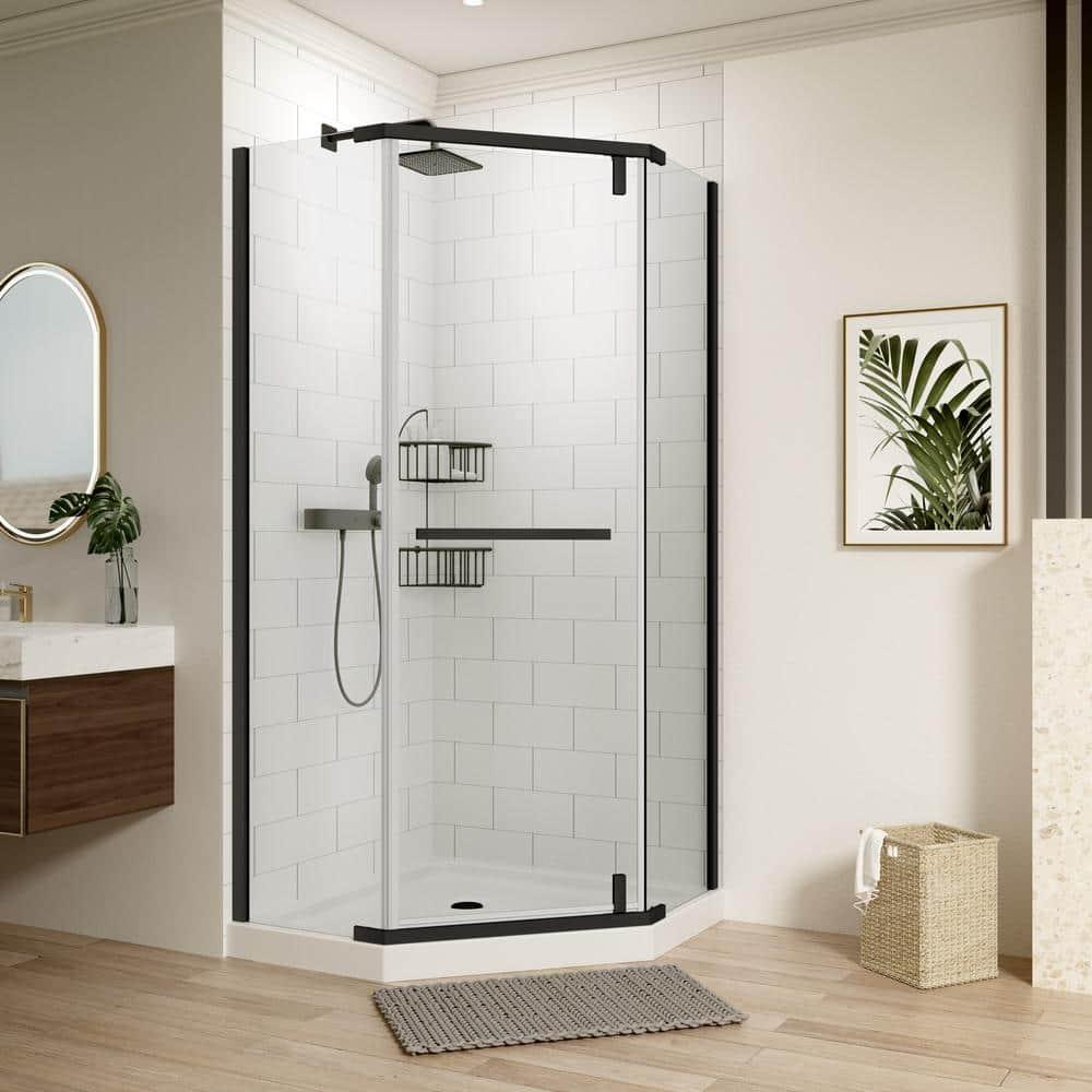 34.75" Wx72 H Neo-Angle Frameless Shower Door,Corner Shower Enclosure 304 Stainless Steel Handle,Pivot Shower Door with 1/4 in(6mm) Thick Tempered Clear Glass（Shower Base Not Included Black