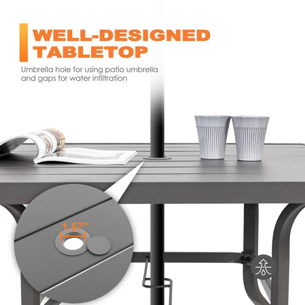 Nuu Garden 37" Outdoor Patio Table, 4 Person Steel Slat Square Dining Table with 1.57" Umbrella Hole, Slatted Top and Powder Coated Iron Frame, Gray