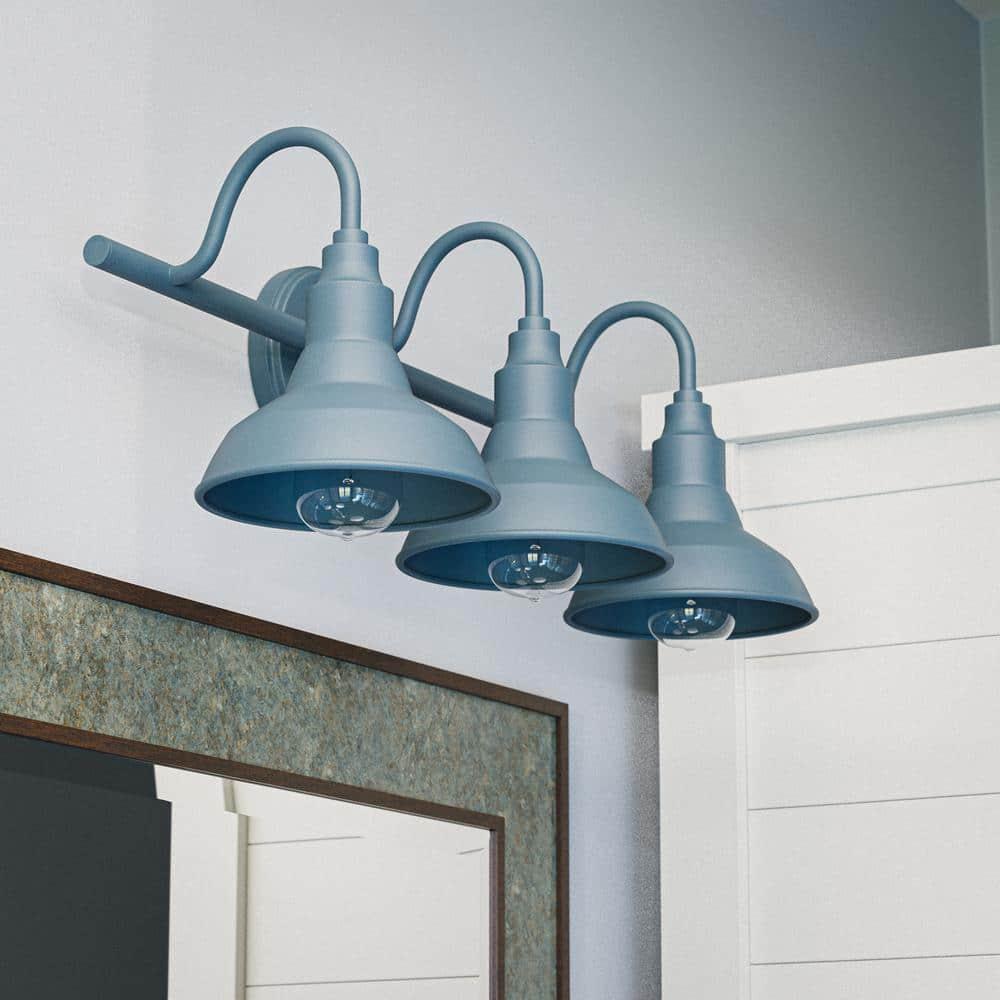 Ceybo Blue 3 Light Bathroom Vanity Light Wall Fixture with Farmhouse Metal Shades, Dimmable Modern Country Home Lighting