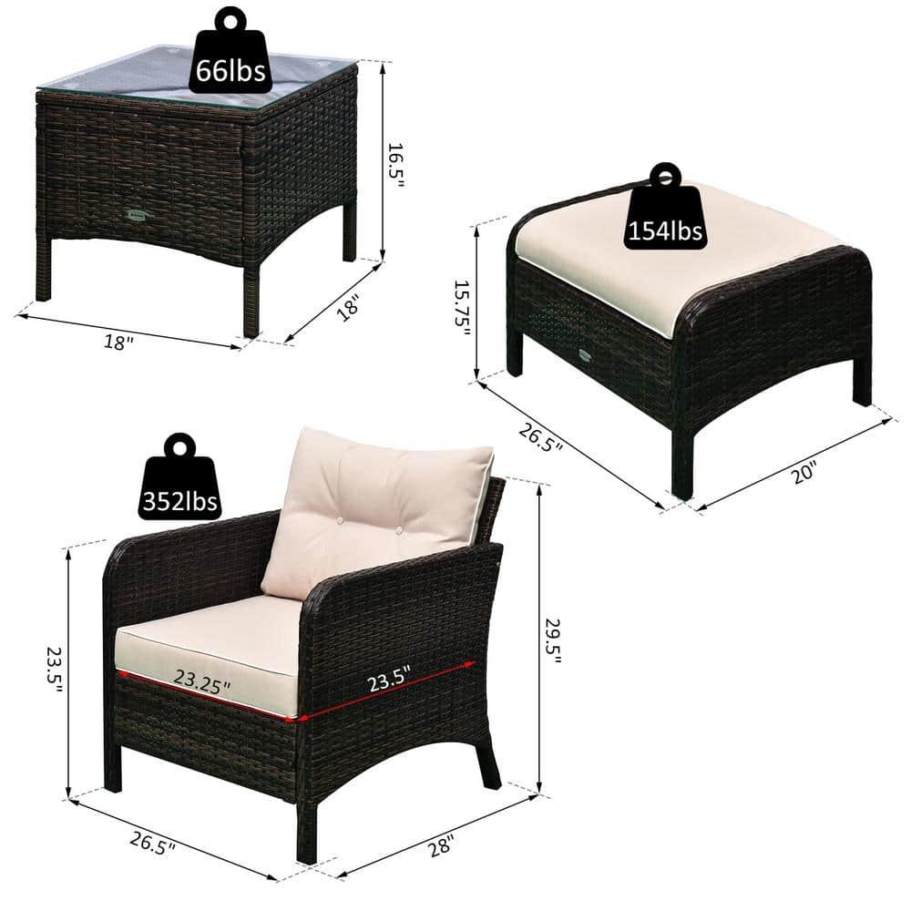 Outsunny 5 Piece Rattan Wicker Lounge Chair, Outdoor Patio Conversation Set with 2 Cushioned Chairs, 2 Ottomans & Top Coffee Table, Brown