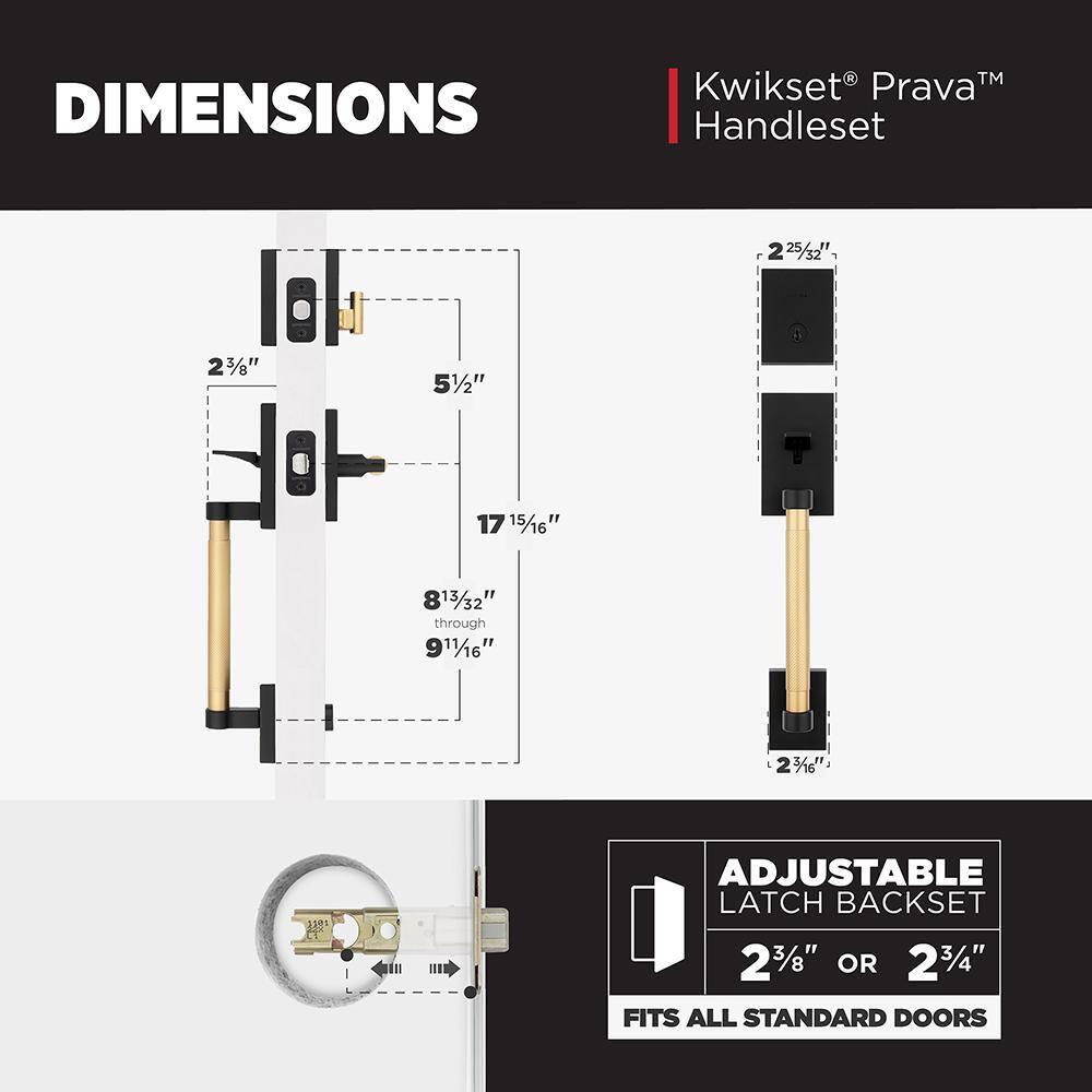 Kwikset Prava Front Door Lock Handle and Deadbolt Set, Entry Handleset Exterior with Interior Reversible Lever, Matte Black and Satin Brass, Pick Resistant SmartKey Deadbolt, with Microban Protection