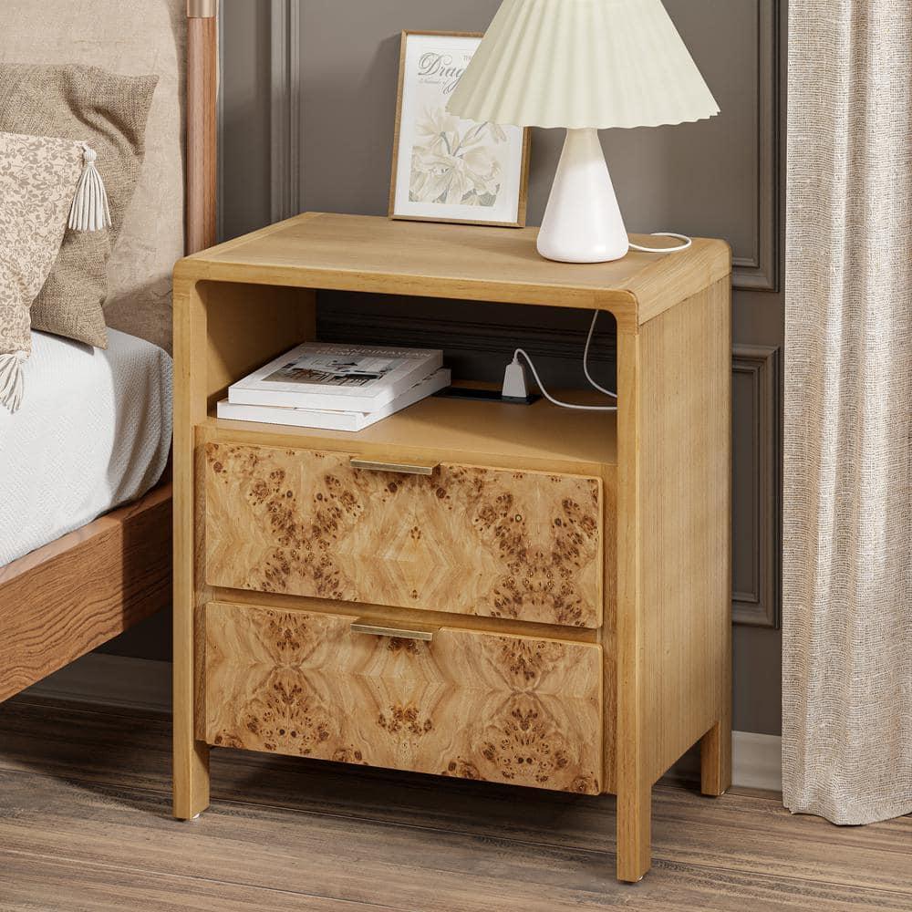COZAYH Farmhouse 2 Drawer Home Bedroom Nightstand with Charging Station, Side Table with Power Outlet, USB and Type-C Ports, Burl Wood Finish, Natural