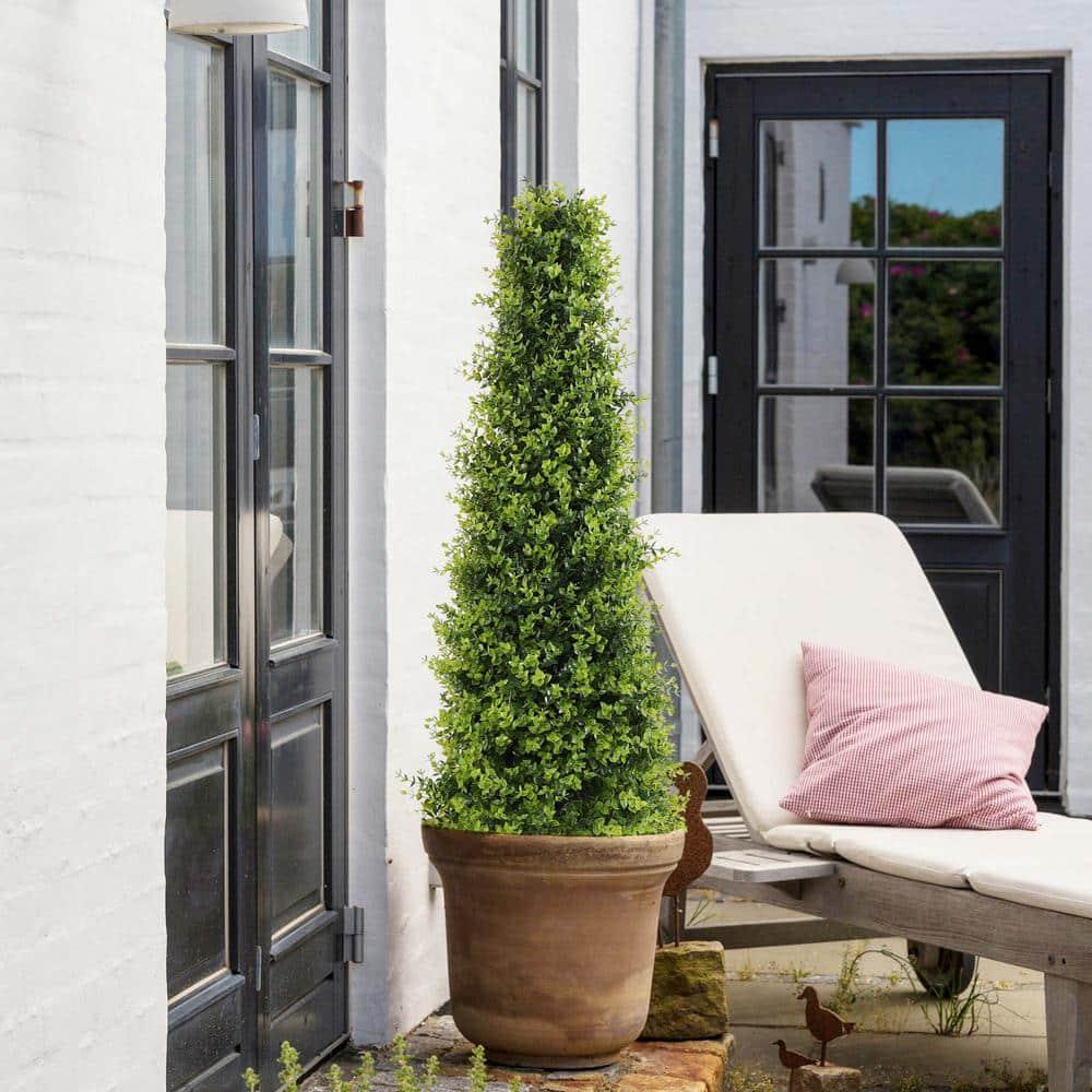 4ft Artificial Boxwood Topiary Trees, Set of 2 – UV Resistant Faux Evergreen Shrubs and Bushes for Outdoor Planters, Realistic Fake Plants for Front Porch Outside Patio Yard, 4 Foot Tall