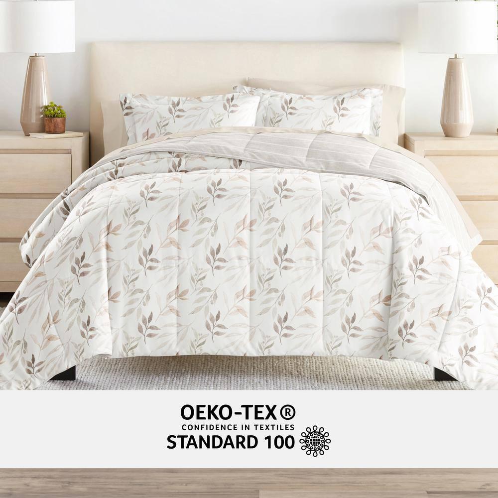 5-Piece Foliage Stripe Ivory Pattern Comforter Twin XL Microfiber Bedding Bundle