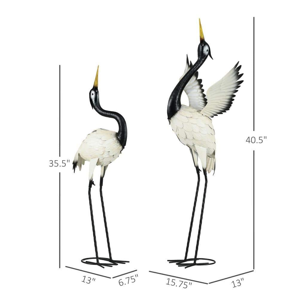 Outsunny Heron Garden Statues, 35.5" & 40.5" Standing Bird Sculptures, Metal Yard Art Decor, Landscape Decoration Set of 2, White & Black