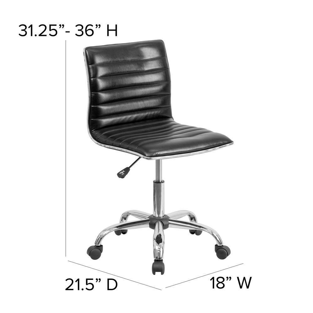 QueelQuest Adjustable Task Chair PU Leather Low Back Ribbed Armless Swivel Black Desk Chair Office Chair Wheels (Black)