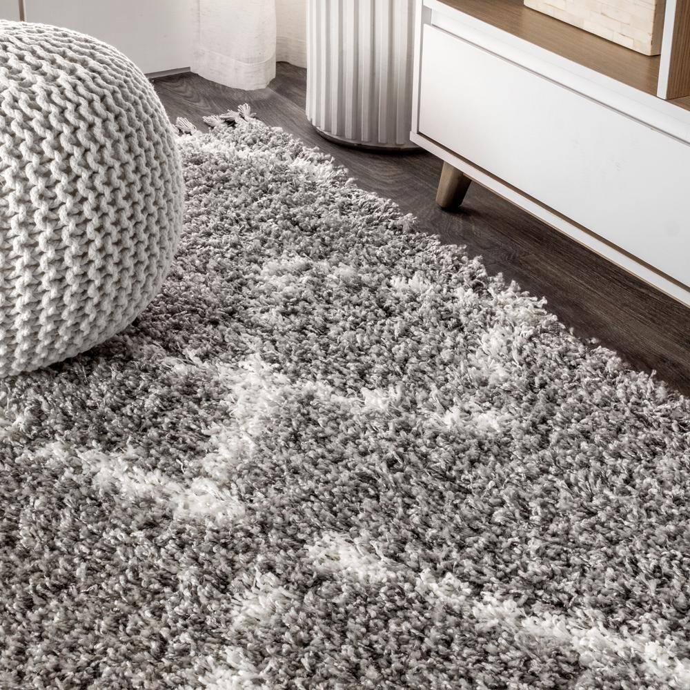 3'x5' Mercer Shag Plush Tassel Moroccan Geometric Trellis Area Rug, Grey/Cream - JONATHAN Y