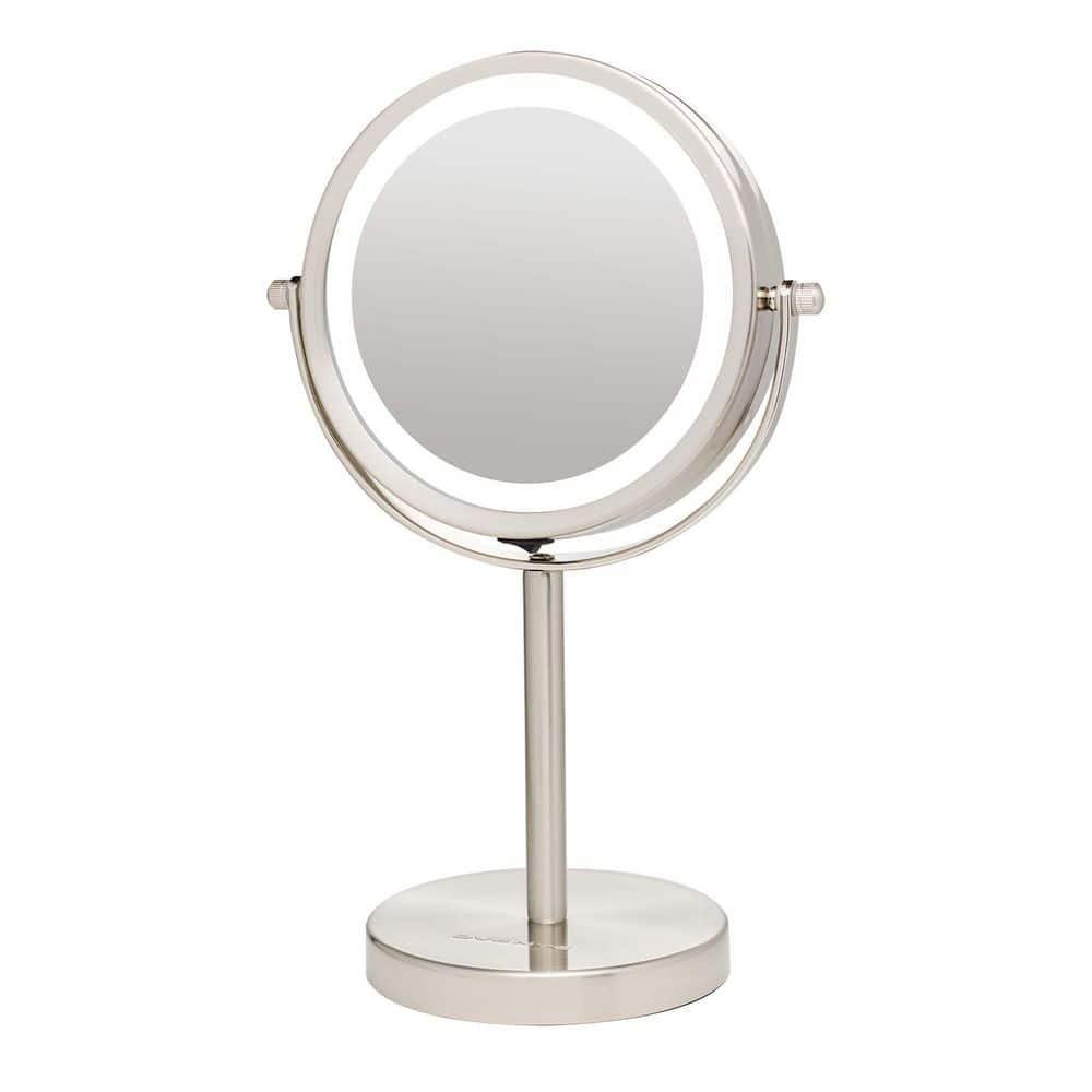 Ovente OVENTE 6" Lighted Makeup Mirror with 1X/7X Magnification, Cordless Tabletop Mount Vanity Round Mirror with 360° Swivel Design and Double Sided Cool Tone LED Ring Light, Nickel Brushed MLT60BR1X7X