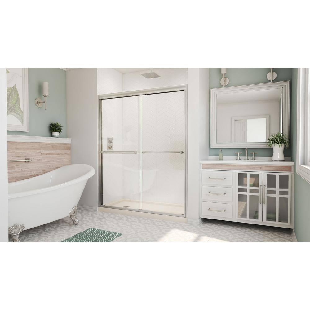 DreamLine Duet 30 in. D x 60 in. W x 74 3/4 in. H Semi-Frameless Bypass Shower Door in Brushed Nickel and Left Drain White Base