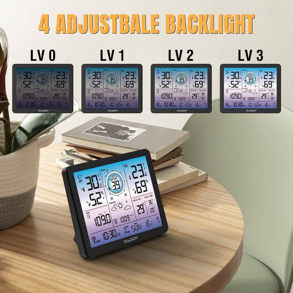 Raddy VP7 Weather Station | Wireless Indoor Outdoor Thermometer | 7.4'' Digital Color Display with Atomic Weather Clock | Temperature Humidity Monitor with Weather Forecast and Barometric Pressure