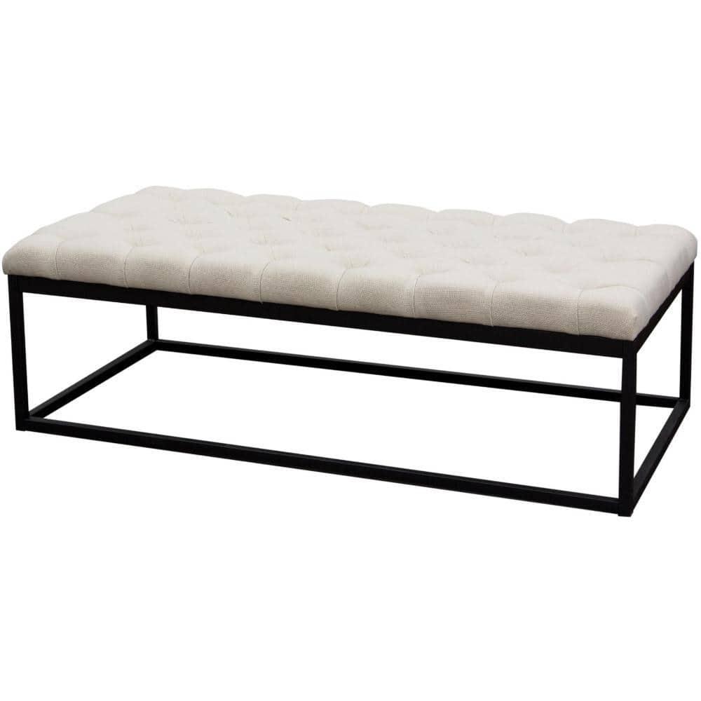 Large Beige Linen Upholstered Bench with Black Metal Base