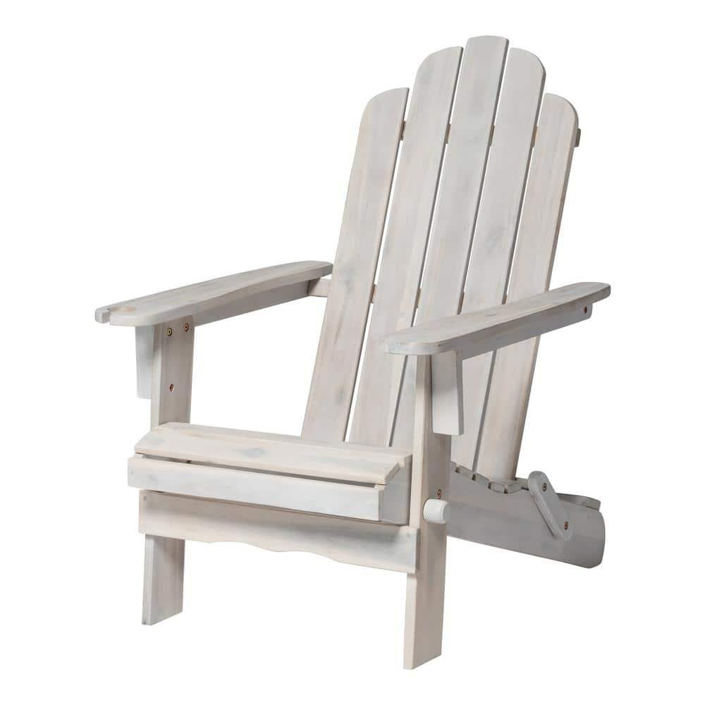 Outdoor Wood Adirondack Chair with Wine Glass Holder in White Wash
