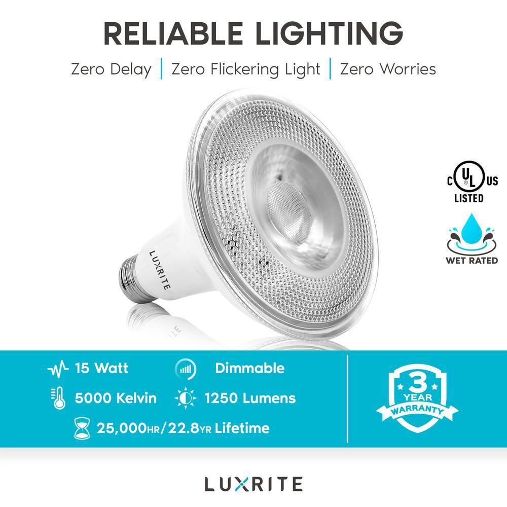 Luxrite 4-Pack LED PAR38 Flood Light Bulb 5000K Bright White 1250 Lumens 15W Dimmable Wet Rated E26 Base UL Listed