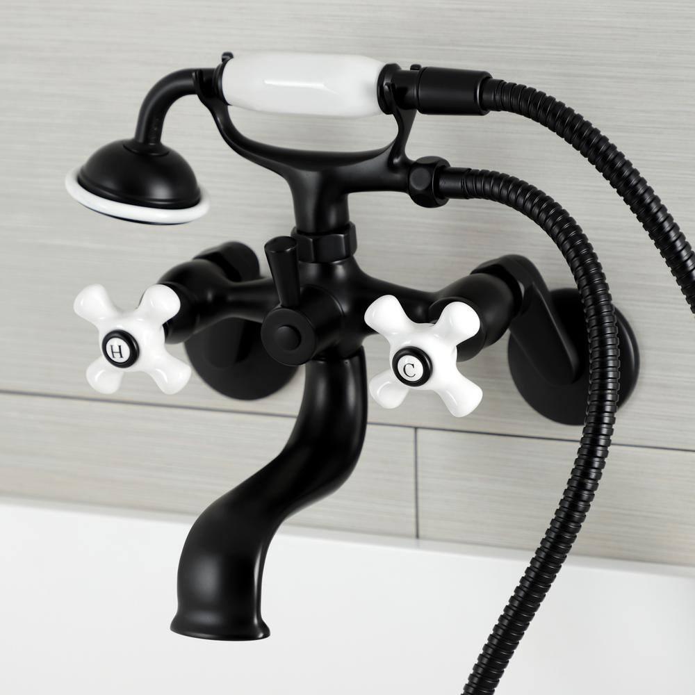 Kingston Brass Kingston Three-Handle 2-Hole Wall Mount Clawfoot Tub Faucet with Hand Shower