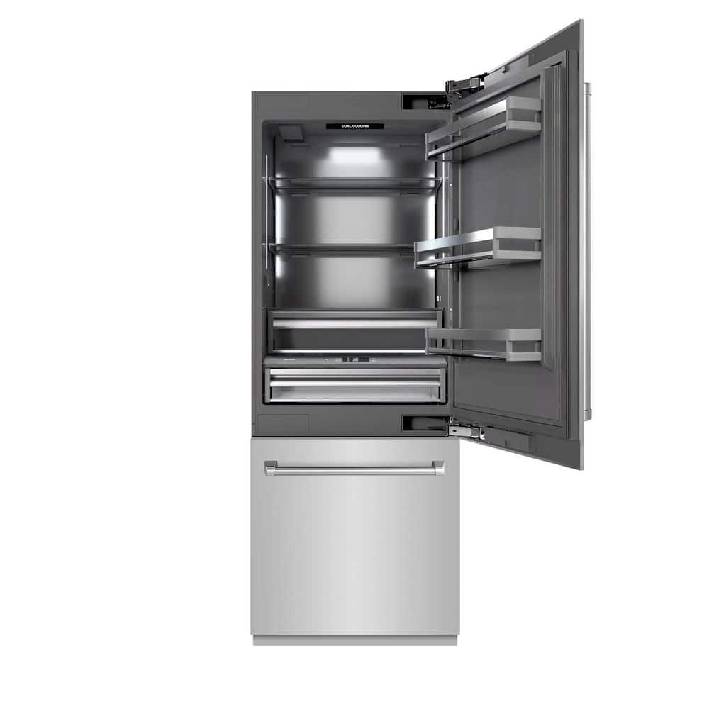 ZLINE 30 in. 16.1 cu. ft. Built-In Bottom Freezer Refrigerator with Water Dispenser and Ice Maker in Satin Stainless Steel with Graphite Gray Interior