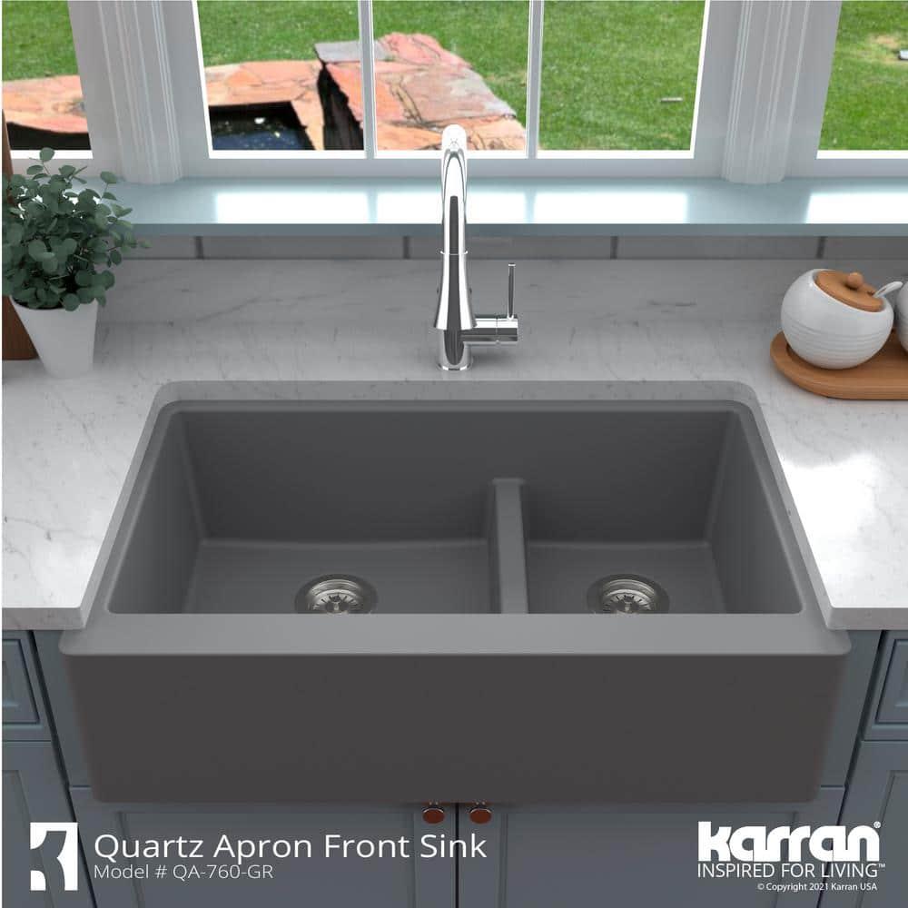 Karran Quartz 34'' X 21-1/4'' 60/40 Double Bowl Farmhouse/Apron Front Kitchen Sink Kit