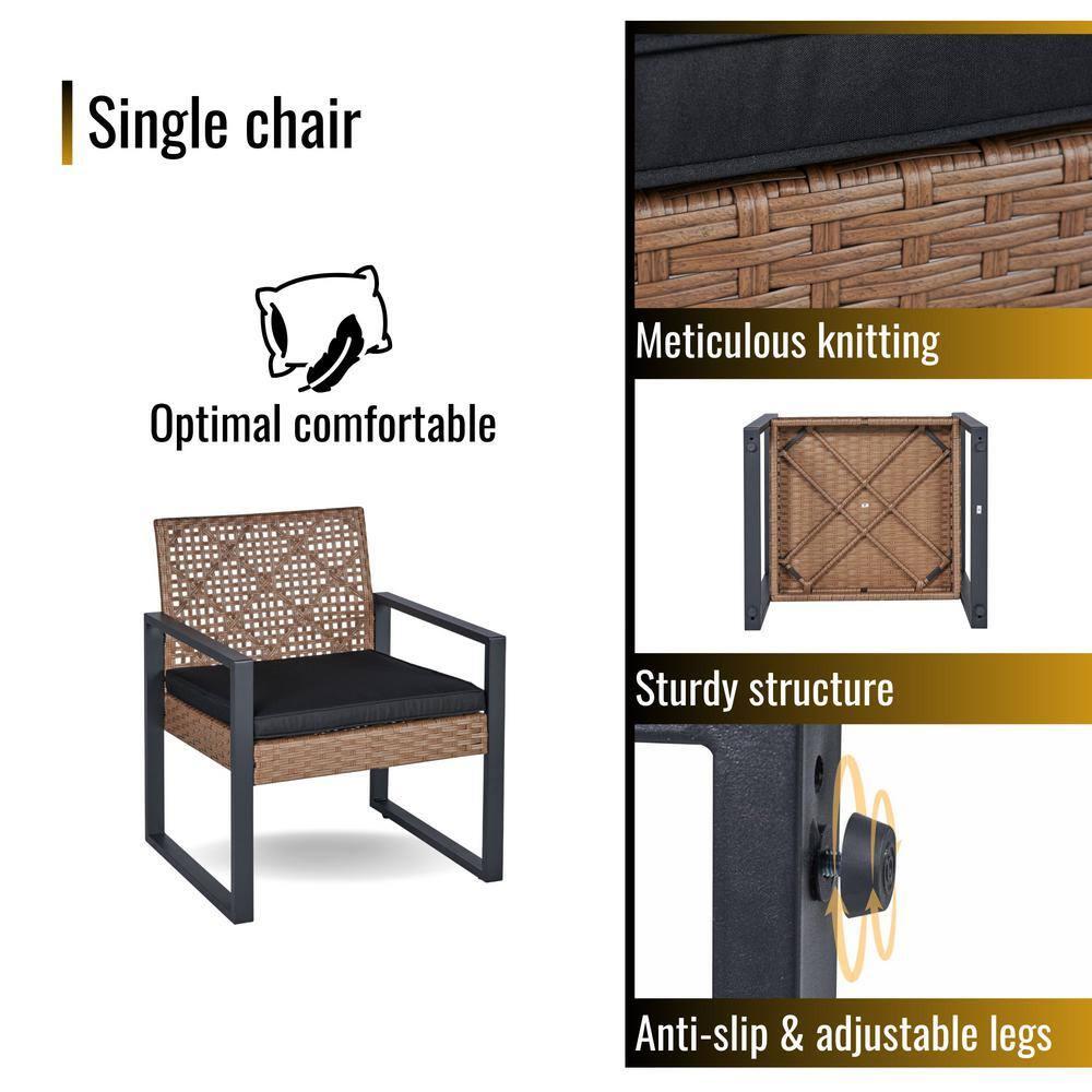 Patio Furniture Set for 4, Rattan Outdoor  Conversation Set with Wood Table, Brown PE Wicker Porch Sofa Set with Cushions, Porch Deck Poolside Furniture, Max 705LBS