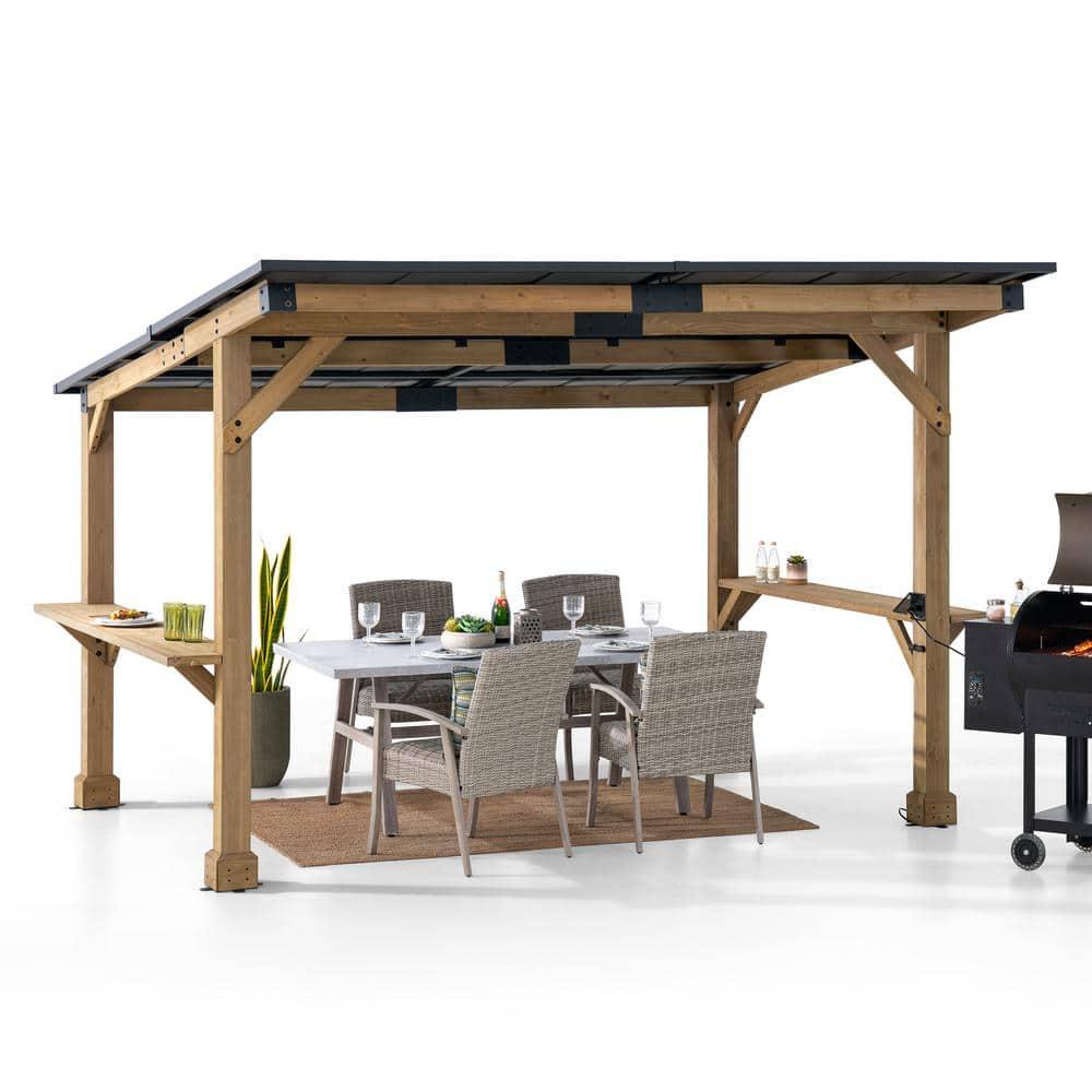 Sunjoy Sunjoy Wooden Grill Gazebo 10 ft. x 12 ft. Outdoor Cedar Frame BBQ Gazebo, Backyard Hot Tub Gazebo with Metal Hardtop Roof, Exclusive PowerPort and Bar Shelves