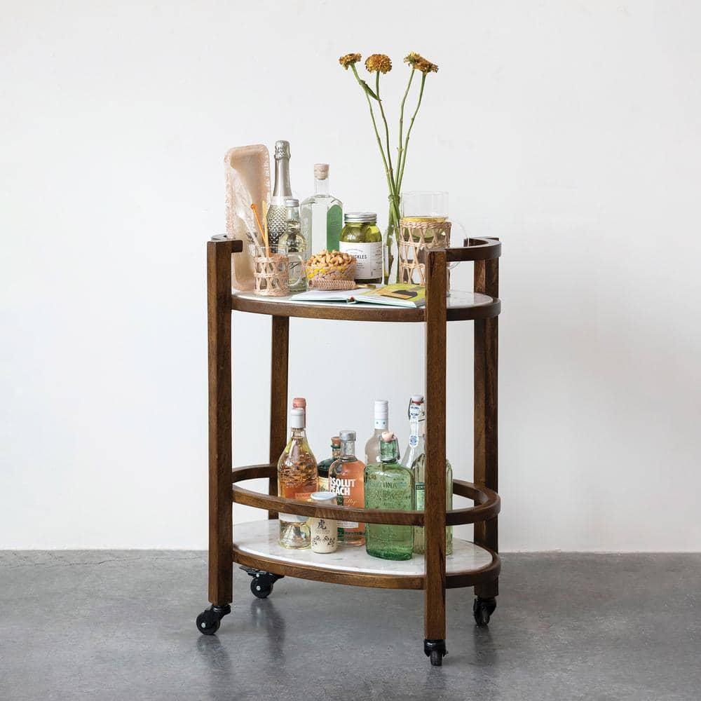 Walnut Finish and White Mango Wood and Marble 2-Tier Bar Cart