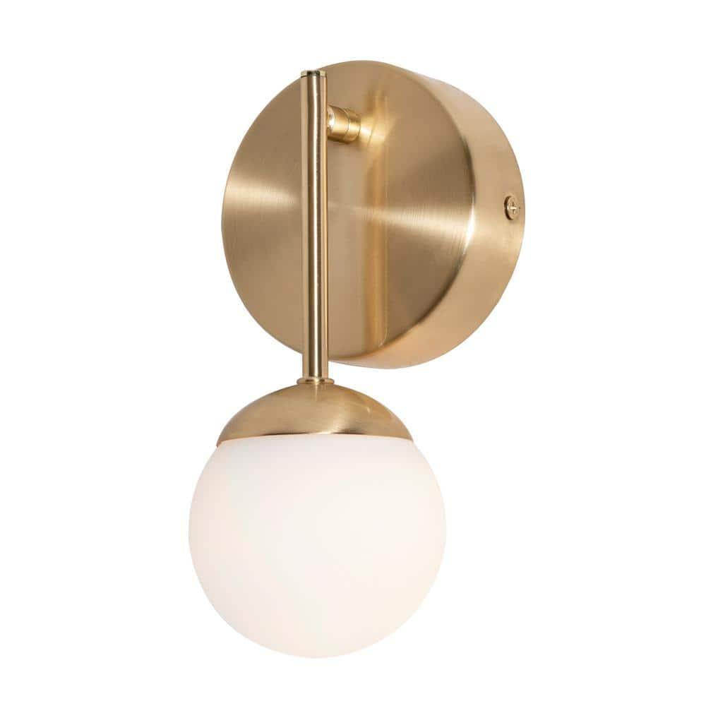 Pearl 9" Satin Brass LED Wall Sconce with White Glass Shade