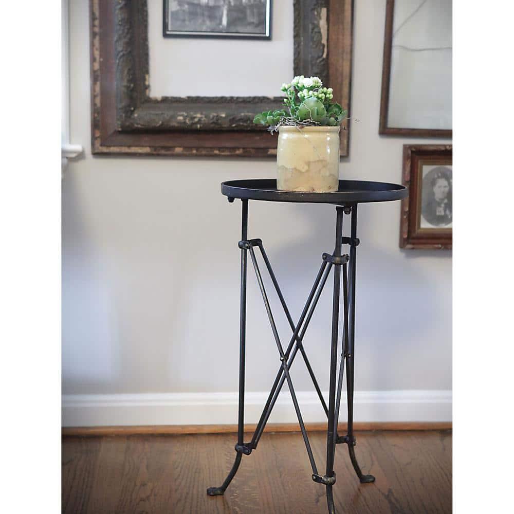 Storied Home Metal Tray Table Bronze: Round Pine Top, 25.5" High, Assembly Required