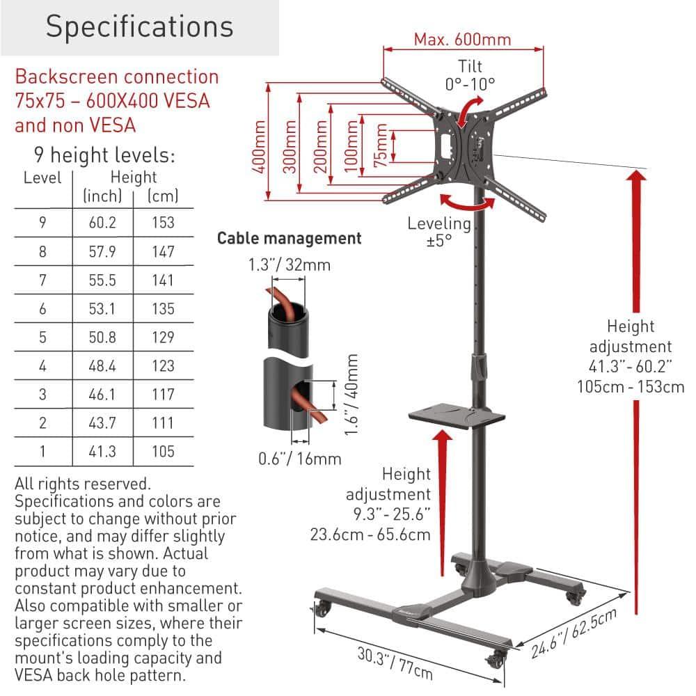 Barkan 13" - 83" Mobile TV Mount Cart with Metal Shelf, Tilt & Height Adjustment