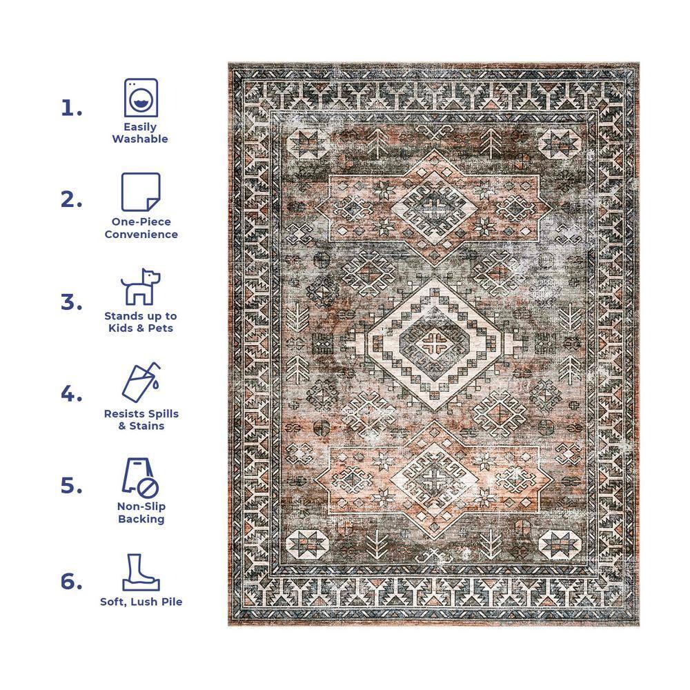 Nuloom 8x10 Machine Washable Rain Haven Vintage Medallion Indoor Area Rug, Rust Non-Slip Backing, Stain Resistant, BedroomLiving Room, Kitchen