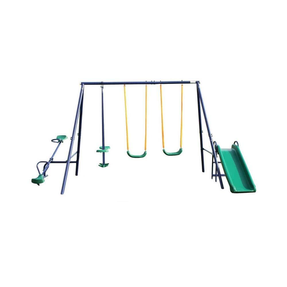Swing Set for Backyard Outdoor Heavy Duty A-Frame Metal Playset with Seesaw, 2 Swings, Slide and Glider for Kids Toddlers
