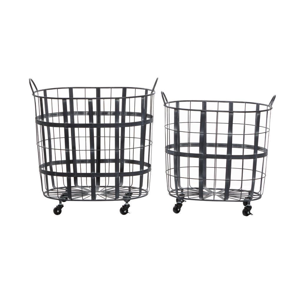 DecMode 25", 22"H Black Metal Wire Grid Storage Basket with Wheels and Handles, 2-Pieces