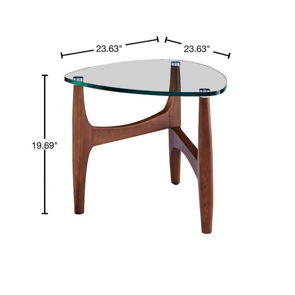 HomeRoots Clear Tempered Glass Side Table with Walnut Base, 23.63 x 23.63 x 19.69 in.