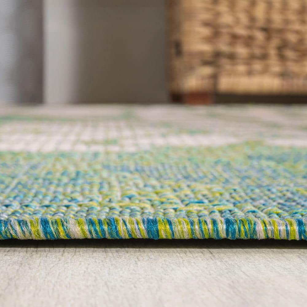 2' x 10' Zinnia Modern Floral Textured Weave Indoor/Outdoor Runner Rug, Cream/Green - JONATHAN Y