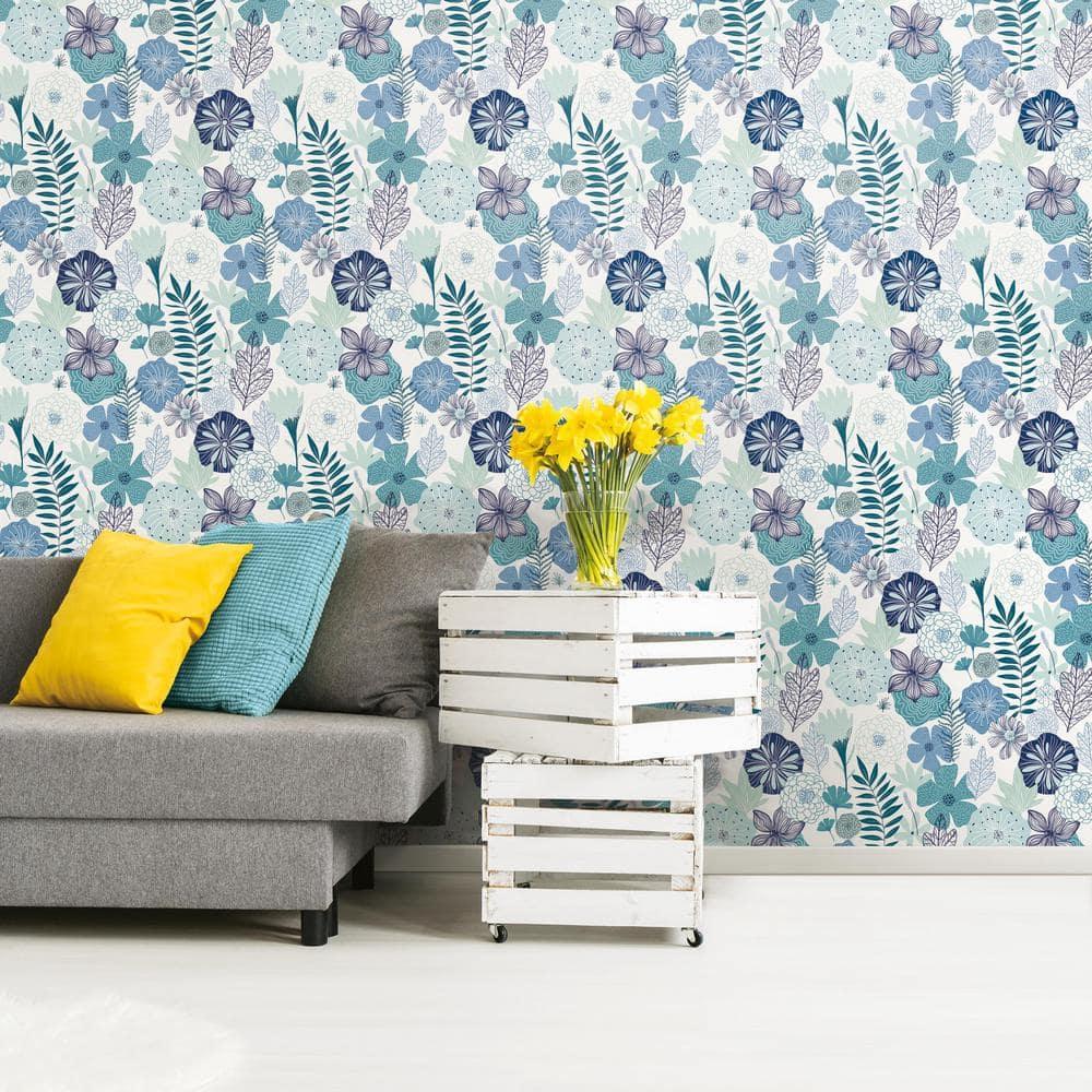 RoomMates Blooms Peel and Stick Wallpaper: Self-Adhesive Vinyl, Modern Floral, Repositionable, 28 Sq Ft Coverage, Blue