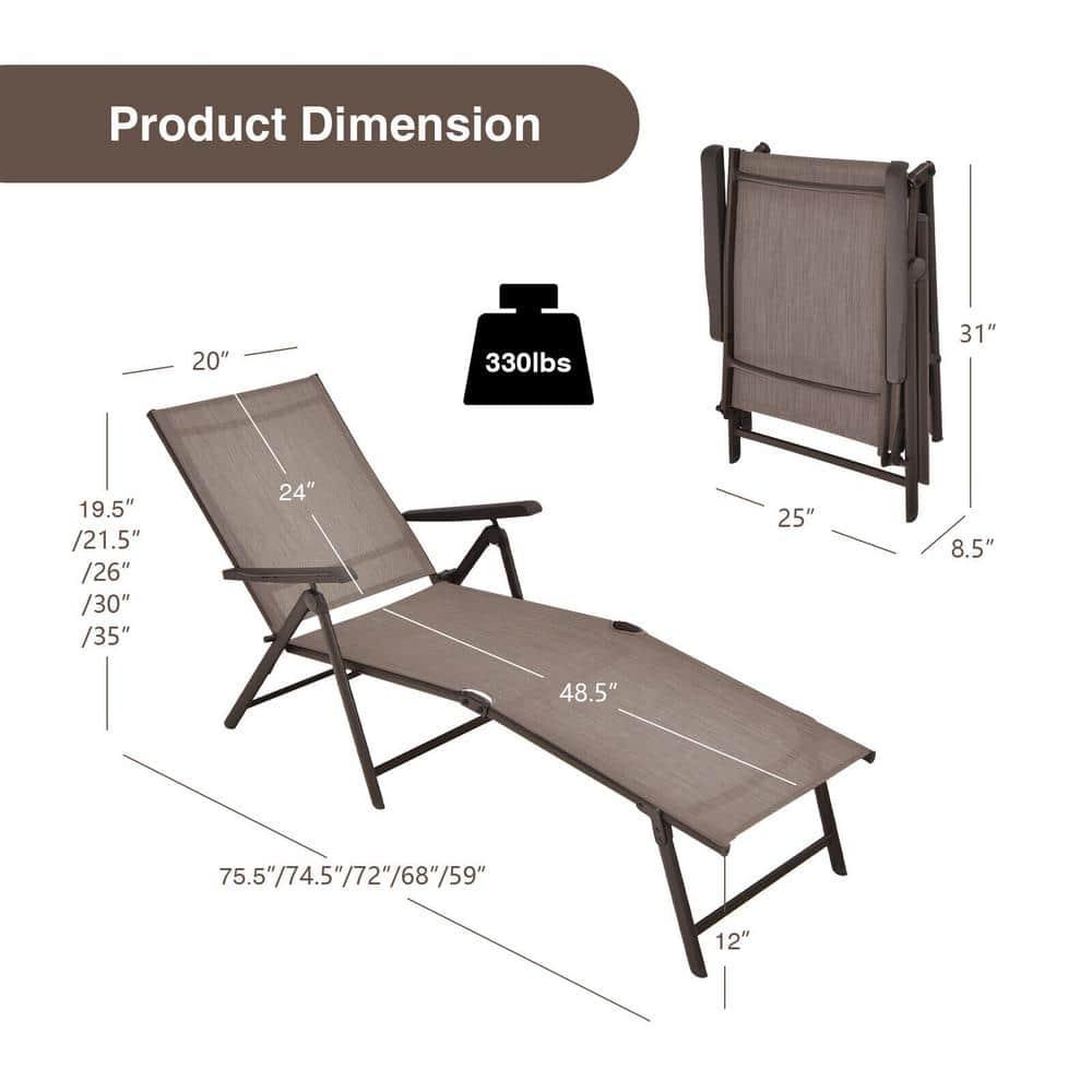 YOJFOTOOUQYUAN. 5 Stages Adjustable Patio Folding Lounge Chair Metal Outdoor Sling Fabric Recliner Chaise for Beach Yard Pool, 2 Pack,Brown