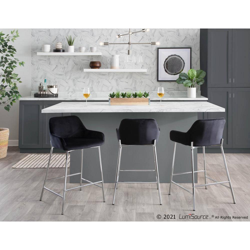 Set of 2 Daniella Metal/Velvet Counter Height Barstools Chrome/Black - LumiSource: Upholstered, Steel Legs, Foam Fill