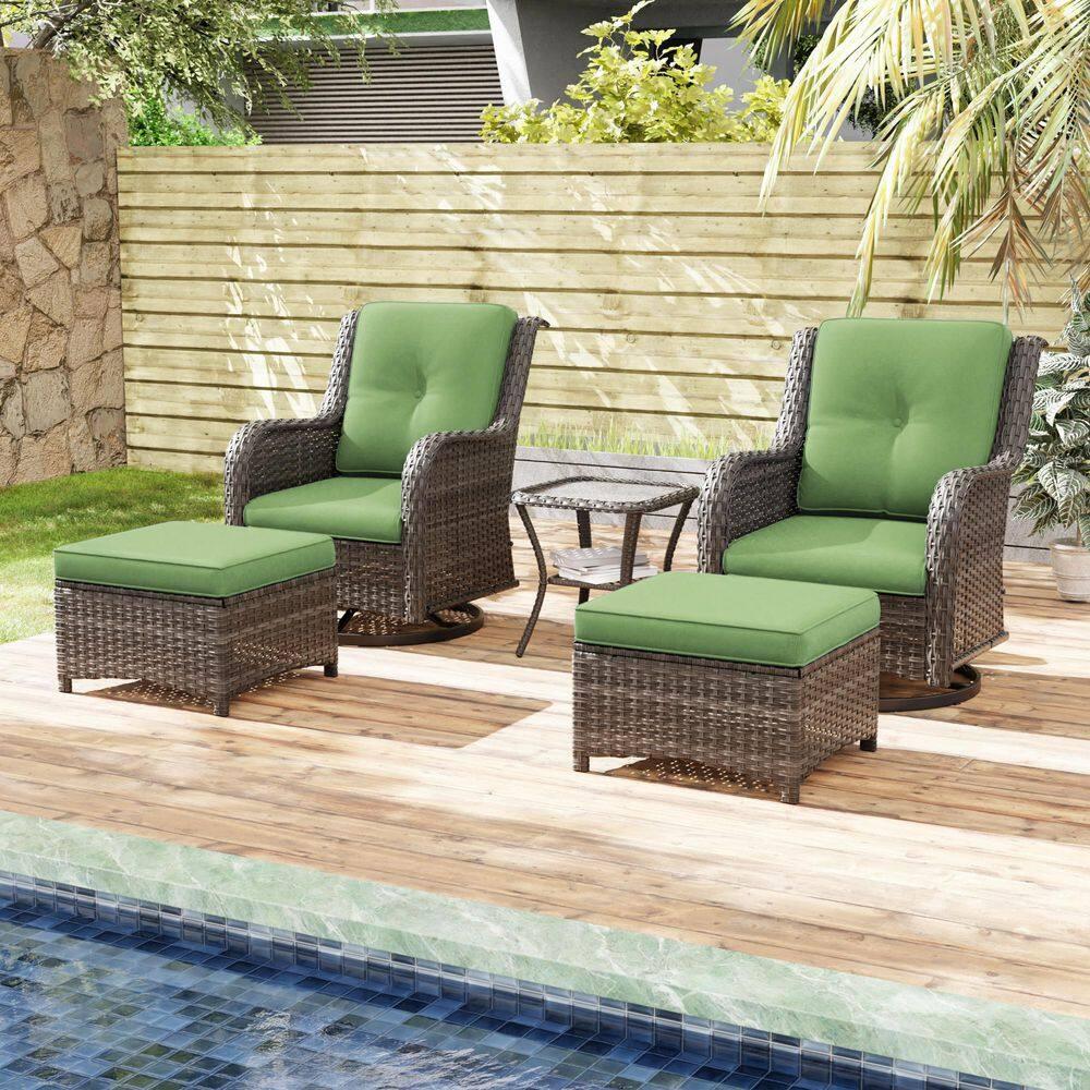 MeetLeisure 5 Pieces Outdoor Furniture Patio Furniture Set with Two Swivel Rocking Chairs,Two Ottomans, One Side Table, Green