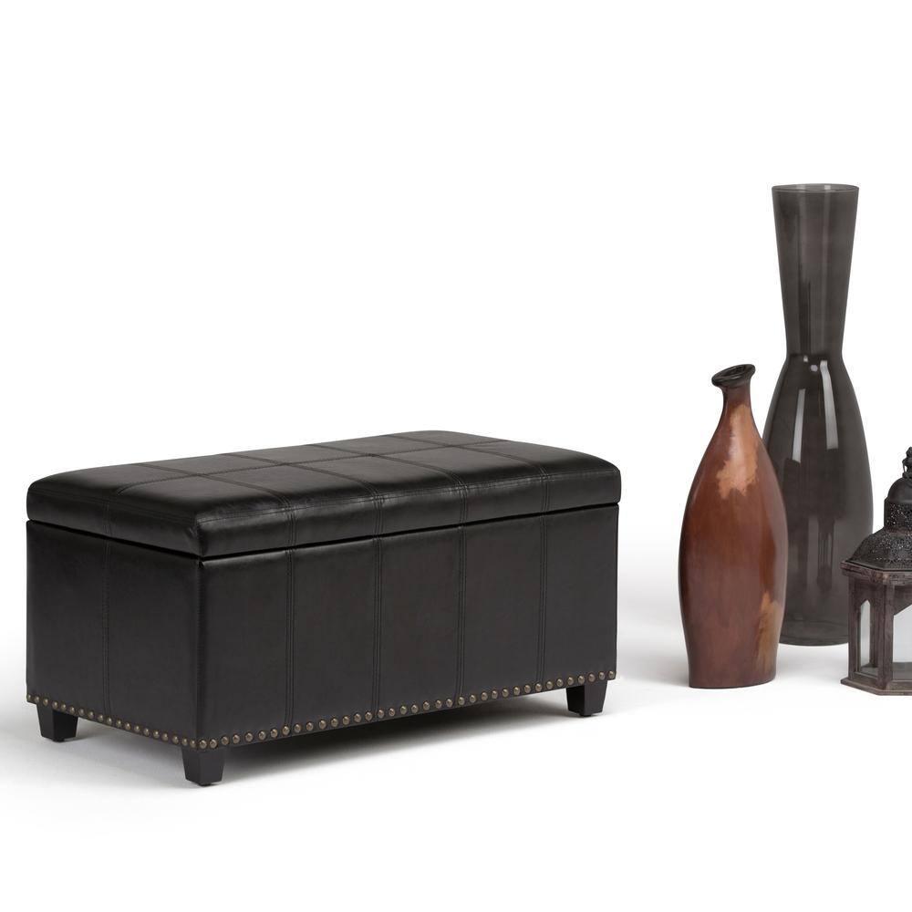 Simpli Home Amelia 34 inch Wide Transitional Rectangle Storage Ottoman Bench in Midnight Black Faux Leather