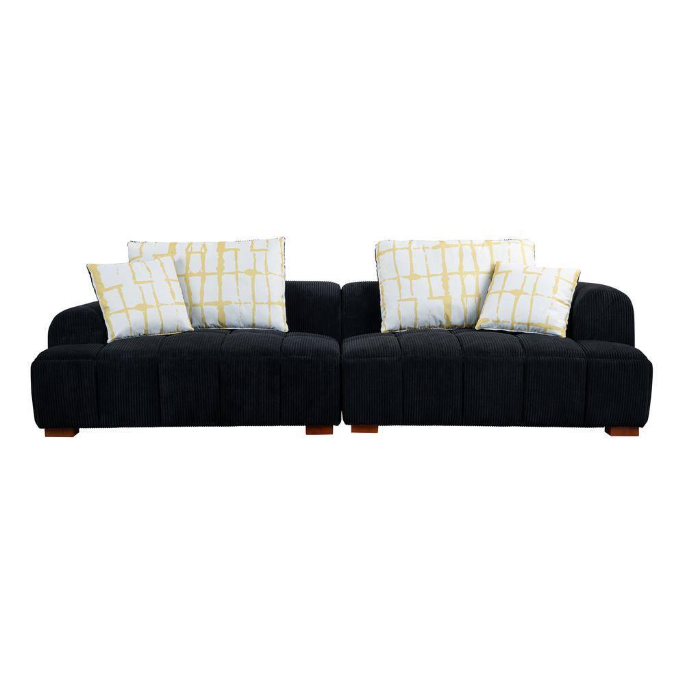 103.9" Modern Couch, Corduroy Fabric Comfy Deep Seat Sofa with Rubber Wood Legs, 4 Tossing Pillows for Living Room, Bedroom, Apartment, Dorm, Black