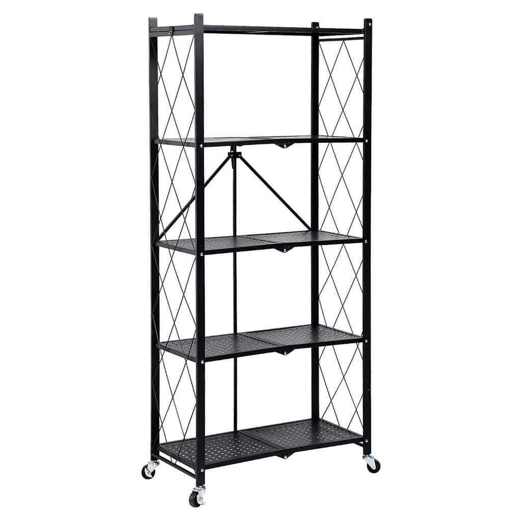 5-Tier Black Metal Kitchen Shelf Foldable Storage Rack with WheelsMultifunctional Cart