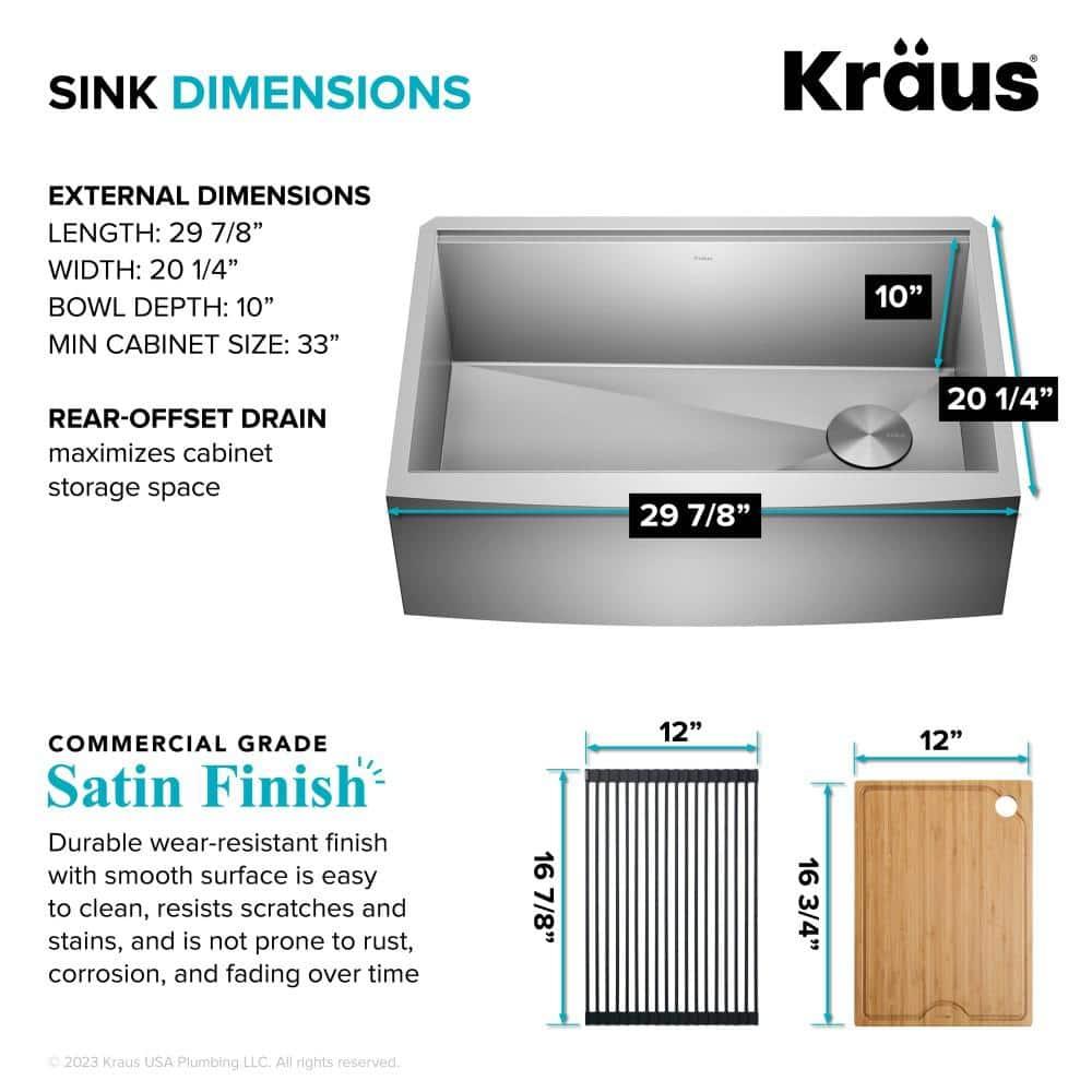 KRAUS Kore™ Workstation 30-inch L 16 Gauge Stainless Steel Single Bowl Farmhouse Kitchen Sink with Accessories