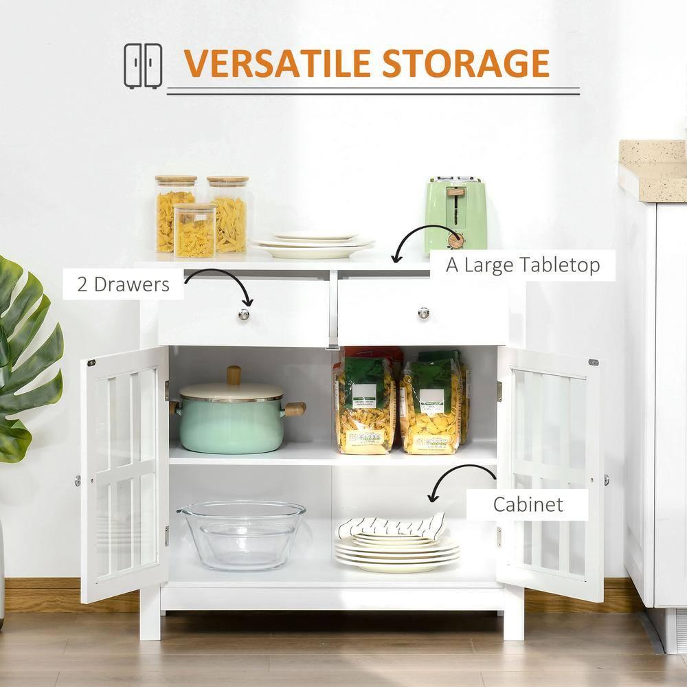 HOMCOM Sideboard Buffet Cabinet, Storage Cupboard with Glass Doors, Adjustable Shelf and 2 Drawers for Kitchen, White