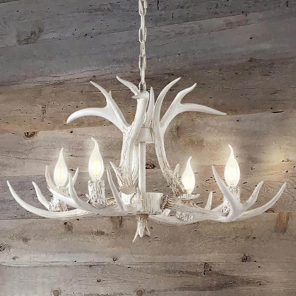 JONATHAN Y JYL6301B Eldora 26" Adjustable Resin Antler 4-Light LED Chandelier, Farmhouse, Glam, Transitional, Rustic, Cottage for living room, dinning room, bedroom, office Bulb Included, White