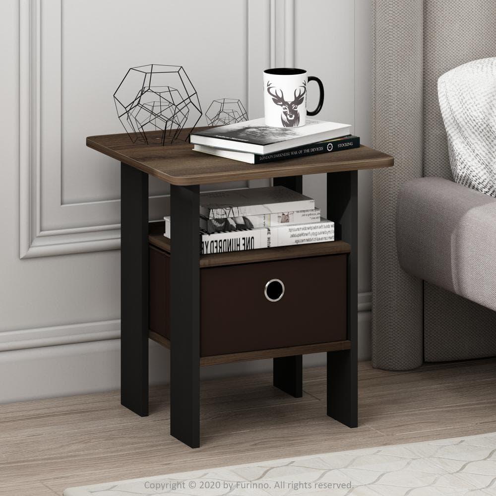 Furinno Andrey End Table Night Stand with Bin Drawer, Columbia Walnut/Dark Brown