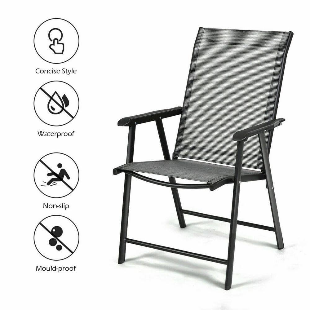 Gray and Black Steel Folding Patio Dining Chairs with Armrests, Set of 2