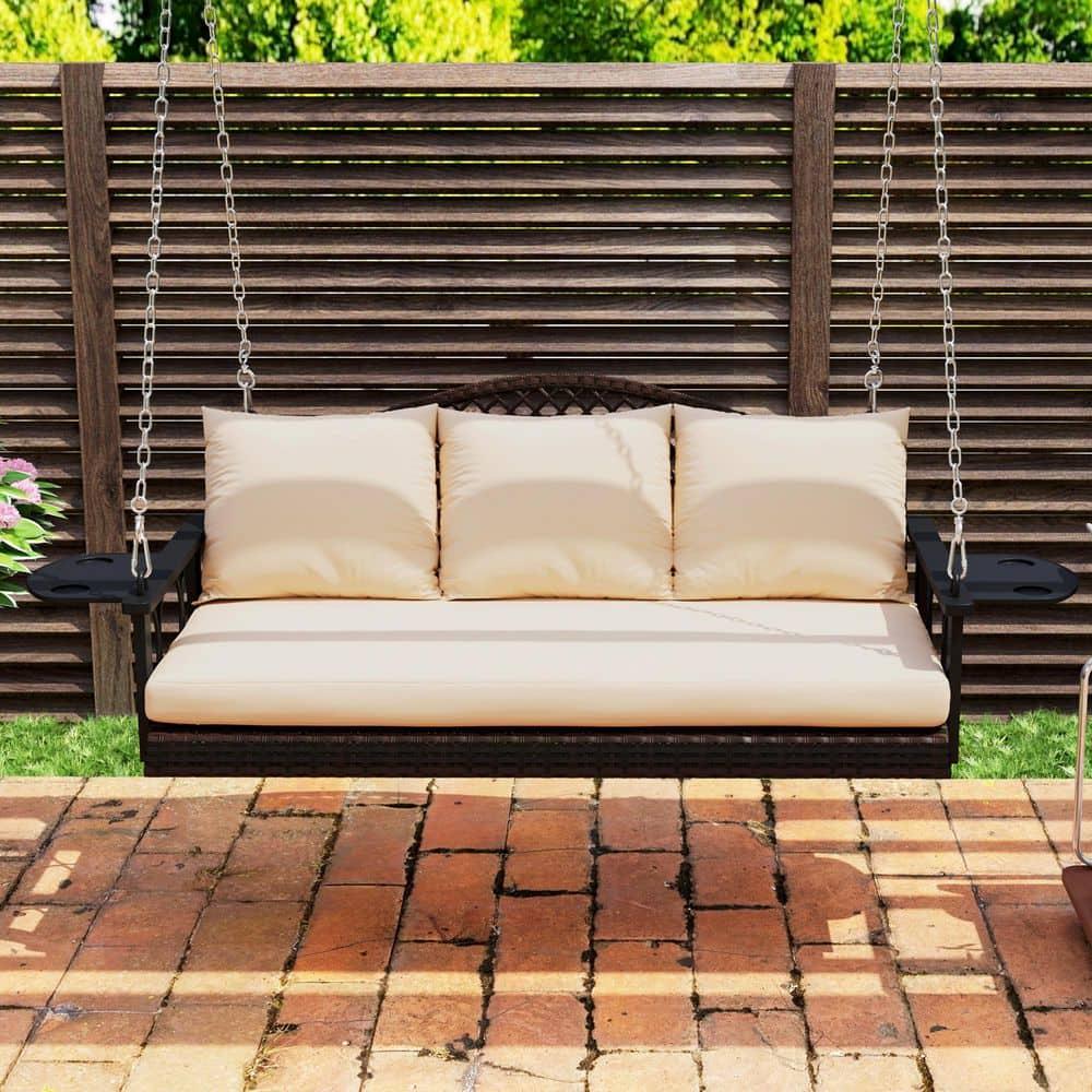 Outsunny 3 Person Outdoor Hanging Wicker Porch Swing Bench with Cup Holders, Cushions, and Chains, 800 LBS Capacity for Garden Backyard, Brown