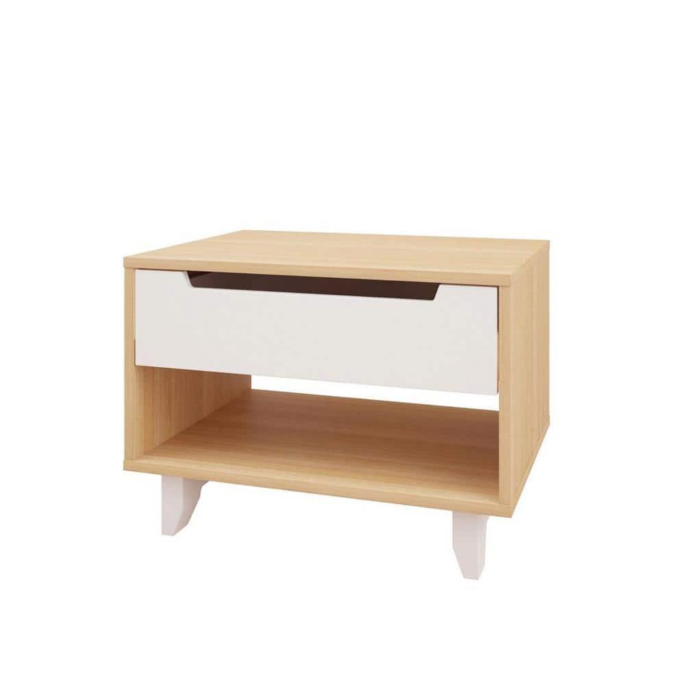 Open Shelf 1 Drawer Nightstand White/Natural Maple - Nexera: Mid-Century Modern Bedside Table, Wood Composite