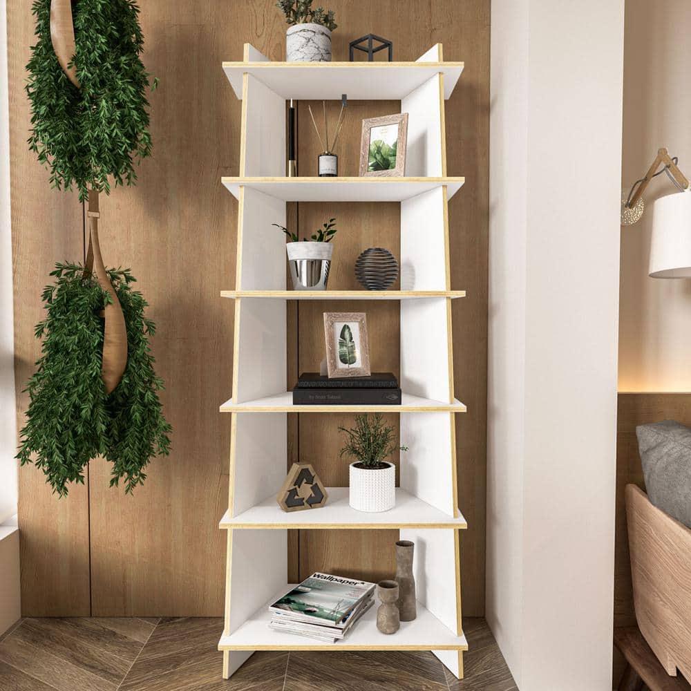 Polifurniture 69.65" Ecofriendly Jade 5 Shelf Bookcase White/Light Brown: MDF Ladder Bookshelves, 52.82 lbs